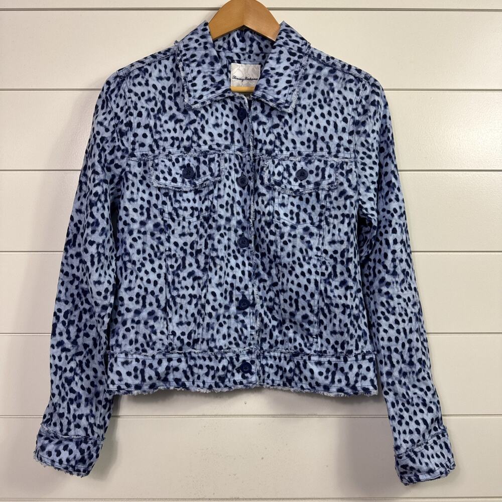 Tommy Bahama Linen Jacket Button Front Lagoon Leopard Print Blue sz S